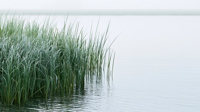 Misty Gray-Green Aquatic Sedge Grass Lakeside, Minimal Cool Waterside Plant Background
