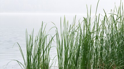 Obraz premium Misty Gray-Green Aquatic Sedge Grass Lakeside, Minimal Cool Waterside Plant Background