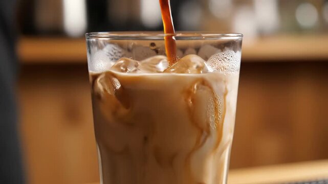 Close up of espresso pouring into a glass with cold milk and ice cubes, creating a smooth marble swirl effect for a refreshing coffee drink.