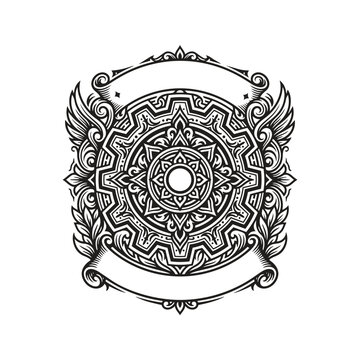 Intricate circular mandala with winged motifs.