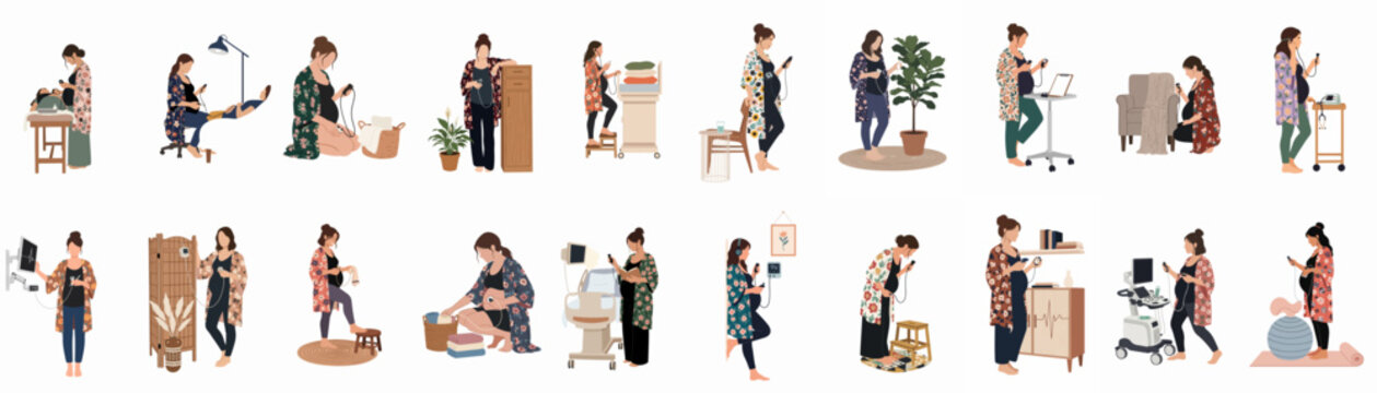 Illustrative Collection of Pregnant Women Using Fetal Heart Rate Monitors in Various Home and Medical Settings for Prenatal Health Monitoring and Care.