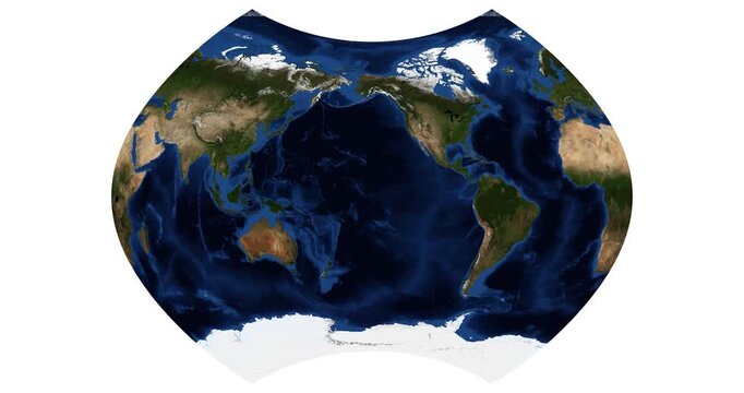 World Map in Ginzburg IX Projection. High detail animation of Earth's physical features. Longitude shift rotation view. June View. Elements of this video furnished by NASA.