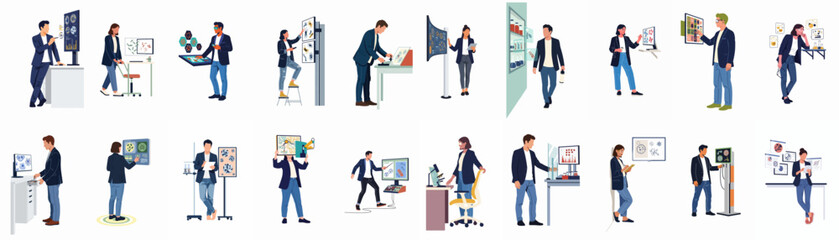 Collection of scientists and researchers working in modern high-tech laboratory environments with advanced digital displays and equipment. © Juan