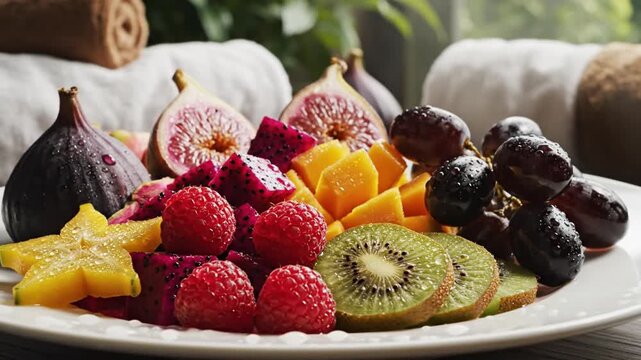 Refreshing fruit platter with exotic varieties in a wellness setting