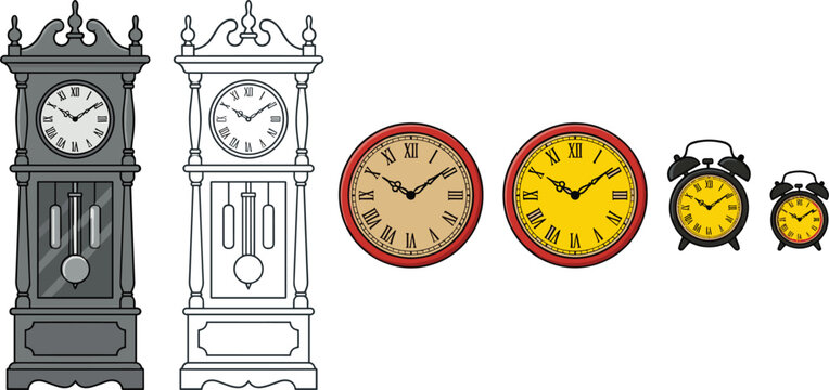 Vintage clock vector illustration collection featuring grandfather clocks wall clocks and alarm clocks with roman numerals isolated on white background