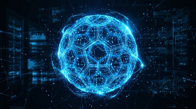 Digital sphere with hexagonal grid and circuit board patterns representing global network connectivity and data flow