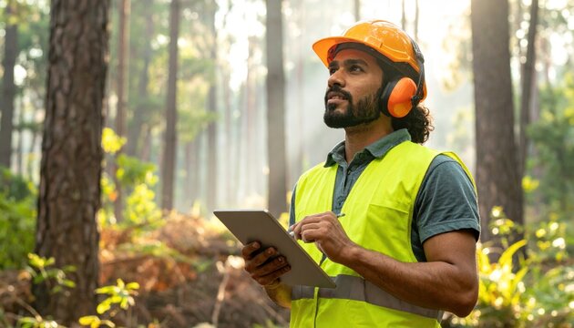 Forest engineer wearing safety equipment and using digital tablet is inspecting trees in forest, performing forest maintenance operations