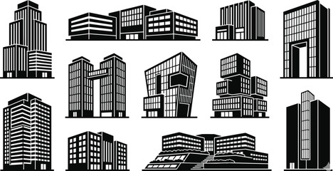 Modern Skyscraper and Corporate Building Silhouette Vector Icon Set Featuring Contemporary City Architecture and Office Tower Blocks for Urban Real Estate Graphic Designs © MdMunzurul