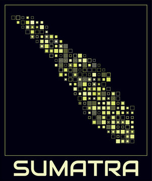 Sumatra digital style map. Large square dots on dark background. Dotted shape of the island. Sumatra map and title. Awesome vector illustration.
