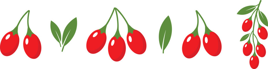 Fresh red goji berry vector illustration set featuring organic wolfberry fruits branches and green leaves elements isolated on a clean white background © MDSaiful