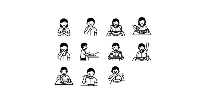 Icon set collection of dining etiquette and meal manners, showing children learning proper table habits and food culture in silhouettes.