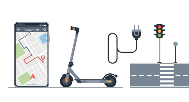 Electric scooter navigation app with traffic lights and charging plug.