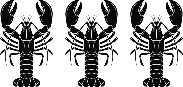 Detailed black lobster silhouette vector illustration collection featuring three identical marine crustacean icons with large claws isolated on a clean white background