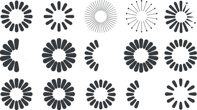 Monochrome Website Loading Progress Indicator Vector Icon Set Featuring Circular Buffering Spinners and Digital Status Preloader Elements for User Interface Designs