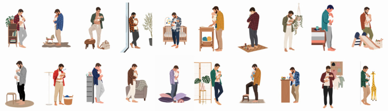 Set of illustrations depicting a young father holding and caring for his newborn baby in various home settings.