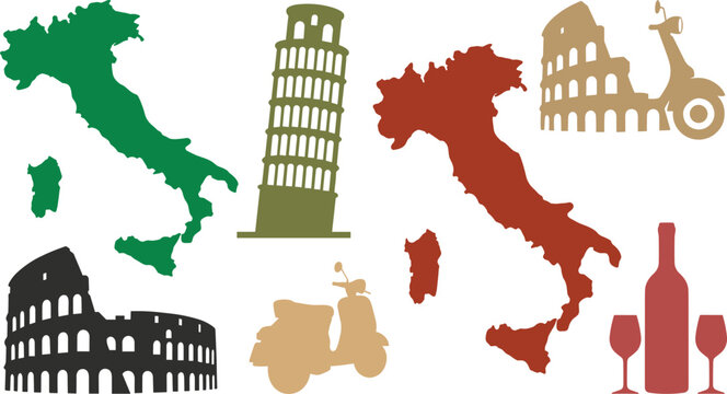 Italy Travel Landmark Collection Illustration with Italian Map, Leaning Tower of Pisa, Colosseum, Vespa Scooter, and Wine Vector Elements