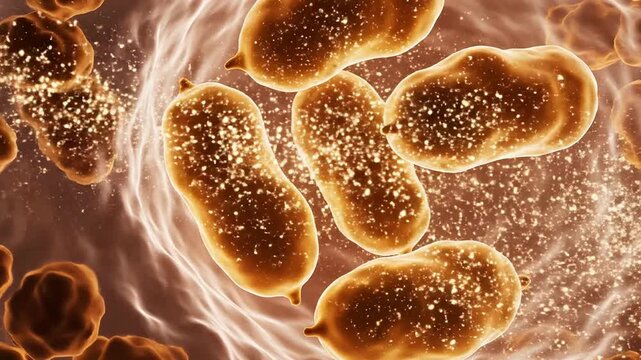 Close-Up View of Glowing Bacteria Surrounded by Dark Microorganisms in a Microscopic Environment Representing Cellular Interaction and Biological Research