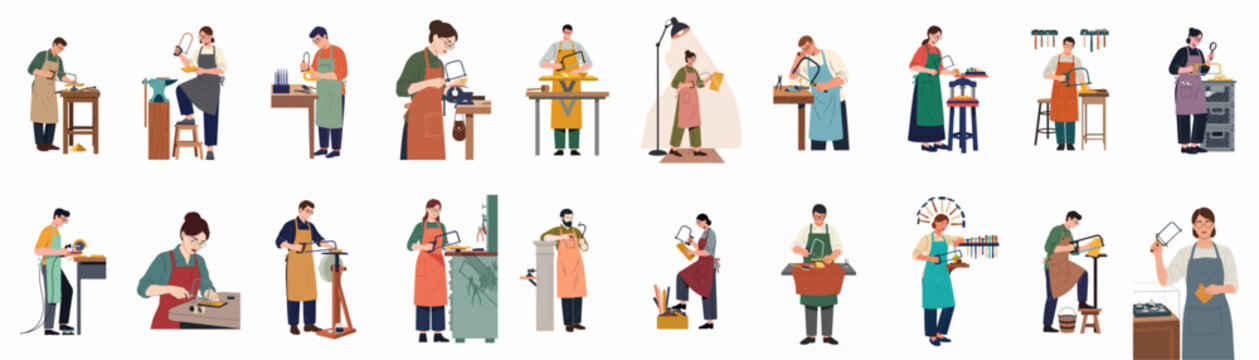 A collection of flat vector illustrations showing various artisans and jewelers working at their benches using traditional hand tools for metalworking.