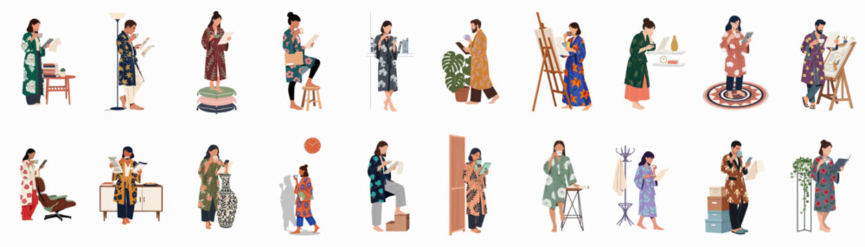 Diverse set of people wearing patterned robes and dressing gowns, engaged in creative activities and leisure at home, flat vector illustration.