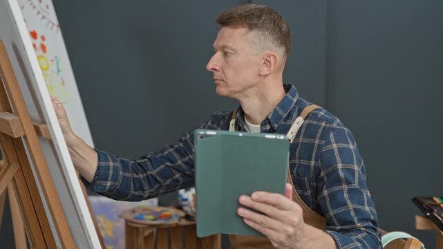 Man painting canvas with brush at easel holding tablet, wearing apron and plaid shirt in studio; quiet concentration.