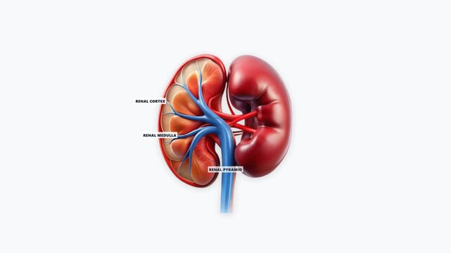 Ultra HD 4K Animated Human Kidney Anatomy Diagram With Renal Cortex Medulla And Arteries Sequential Label Reveal Concept Of Urology And Medical Education