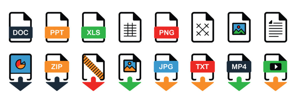 File type icon collection representing document formats PDF DOC PPL XLS PNG JPG and text files in modern vector style.