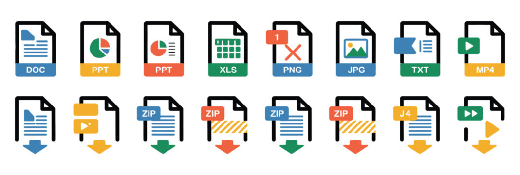 File type icon set featuring format symbols for download PDF DOC XLS PNG JPG text image and folder document design.