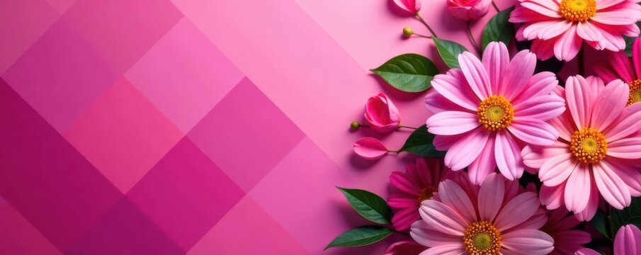 Bold pink diagonal check interspersed with vibrant blooms , bright, art