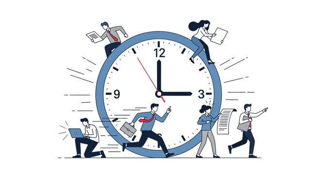 Business people running around large clock.