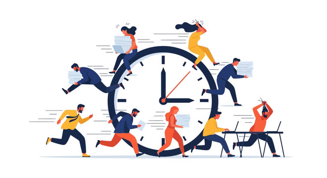 People running around large clock.