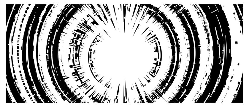 Abstract monochrome comic book speed lines forming a dynamic circular zoom vortex and tunnel effect, isolated on a white background, perfect for manga and pop art design elements.