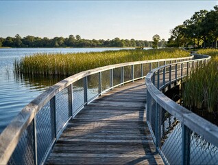 Obraz premium Curved wooden boardwalk with chain link fence over scenic lake ideal for park infrastructure ecotourism and nature reserve travel brochure