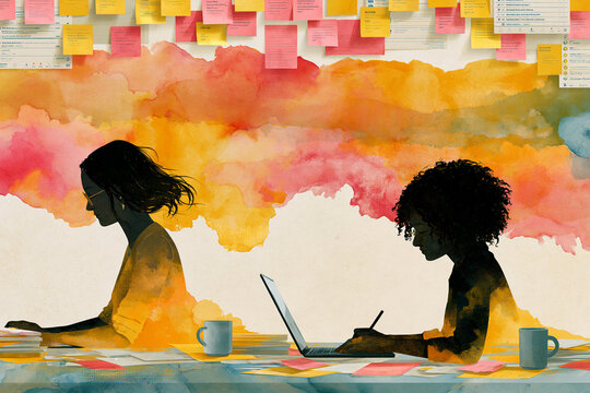 Creative professionals working remotely with digital planning and watercolor abstract background