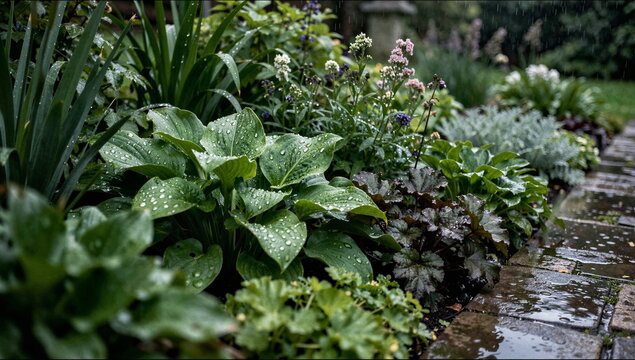 Lush hosta and heuchera perennials with raindrops in garden after rain ideal for plant nursery landscape design and nature background use