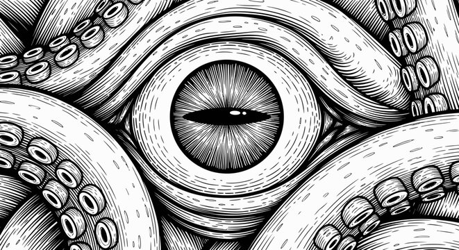 Close-up of a giant sea monster eye and tentacles.