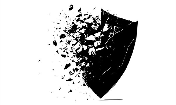 Abstract black ink brush stroke illustration of a secure shield shattering into debris, symbolizing a security breach, data vulnerability, and broken protection on white background.