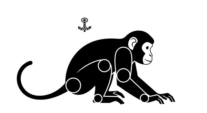 Black monkey illustration with an anchor symbol above it.
