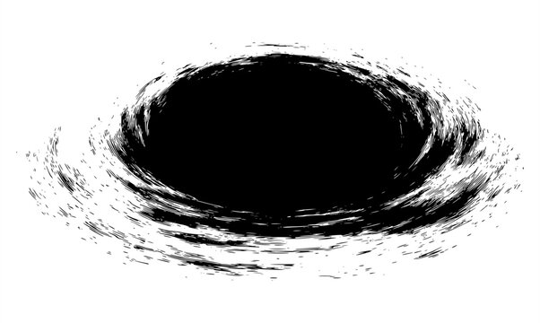 Black hole vortex vector illustration isolated on white background. Dynamic dark ink portal, abstract deep abyss swirl, monochrome cosmic sinkhole, creative grunge circular design element.