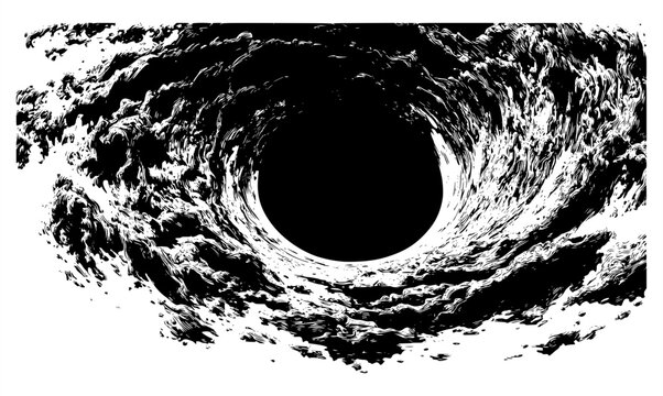 Dramatic black hole vortex vector with textured cosmic storm clouds. Deep space abyss portal, abstract dark whirlpool illustration, monochrome astronomical graphic banner on white background.