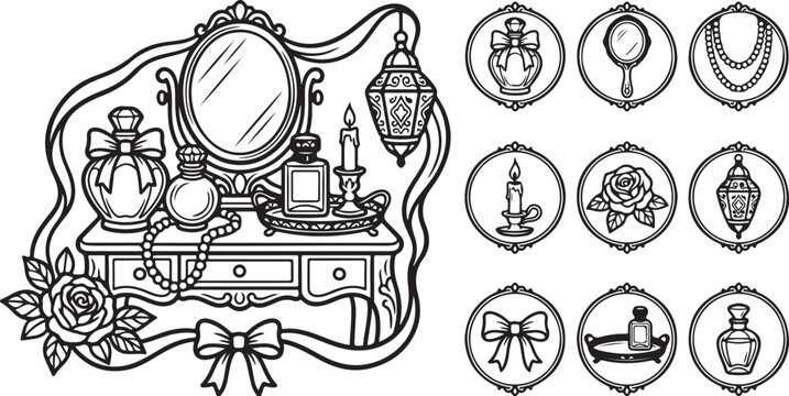 Vintage dressing table with beauty accessories and icons
