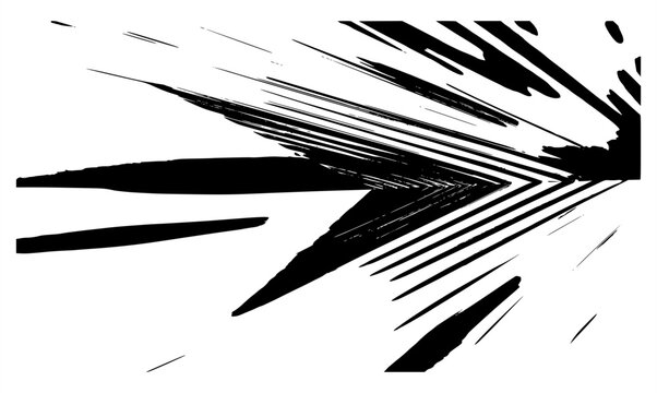 Dynamic abstract chevron burst vector on white background. Fast speed lines with black ink splashes, geometric arrow motion graphic, monochrome explosive energy action design asset.