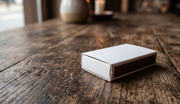 Blank white rectangular matchbox mockup on a wooden table