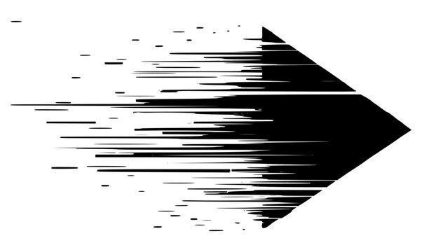 Dynamic forward arrow vector with high speed glitch lines. Abstract monochrome pointer symbol indicating right direction, success and progress motion graphic isolated on white background.