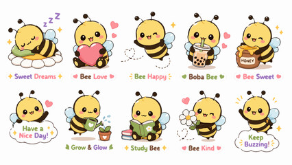 Fototapeta premium Cute Kawaii Bee Sticker Set SVG Bundle with Pastel Cartoon Honey Bee Characters