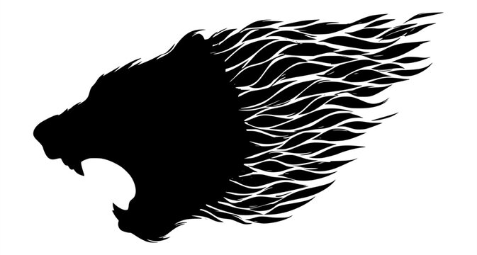 Roaring bear silhouette vector profile with fast speed flame lines. Abstract wild animal mascot symbol, powerful black monochrome grizzly head graphic isolated on a plain white background.