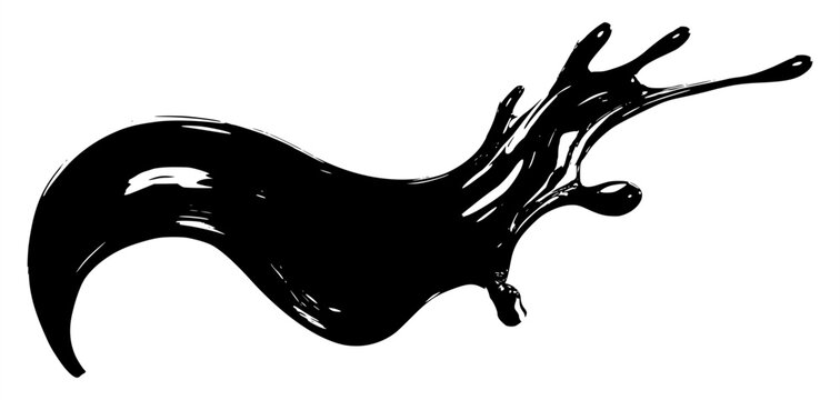 Abstract black liquid splash vector isolated on white background. Dynamic glossy oil drop streak, monochrome ink wavy fluid splash illustration, realistic black paint pouring graphic asset.