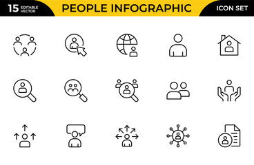 Fototapeta premium People Infographic Line Icon Set for Team Statistics, User Data, Demographics, Business Presentation and Human Analytics Outline Vector Collection