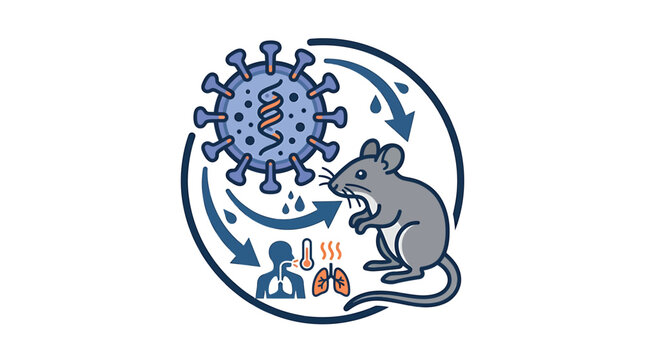 Scientific illustration depicting the transmission cycle of a virus from a mouse to humans, highlighting respiratory symptoms