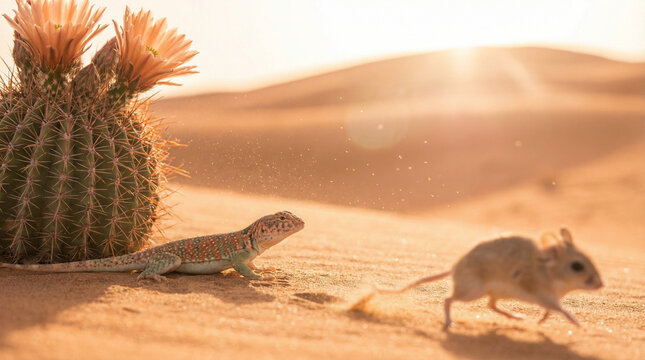 Desert lizard and jerboa coexisting in arid dune landscape with cactus at golden hour, illustrating wildlife balance in harsh natural environment
