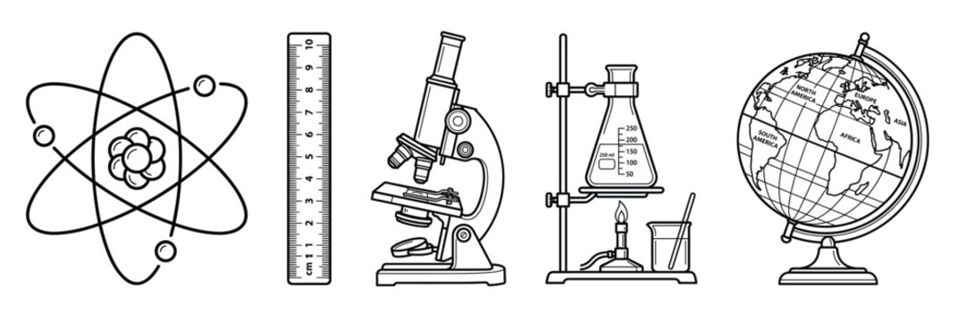 Science laboratory equipment and atomic structure vector illustration icons.